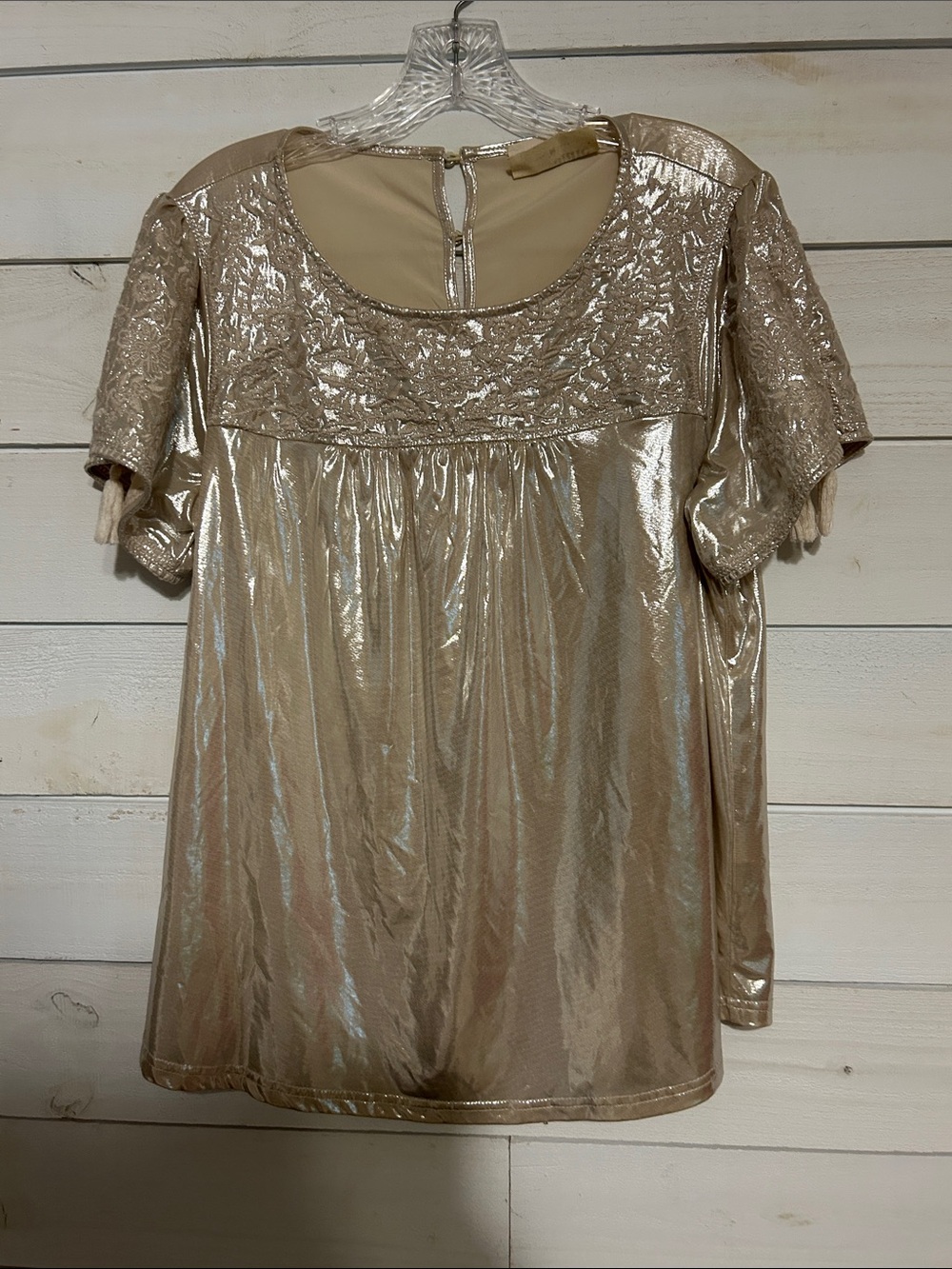Savanna Jane Gold Metallic Short Sleeve Sequin Yoke Women's Top